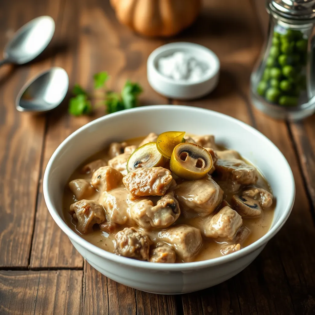 Strogonow z wieprzowiny – przepis z pieczarkami i ogórkiem kiszonym