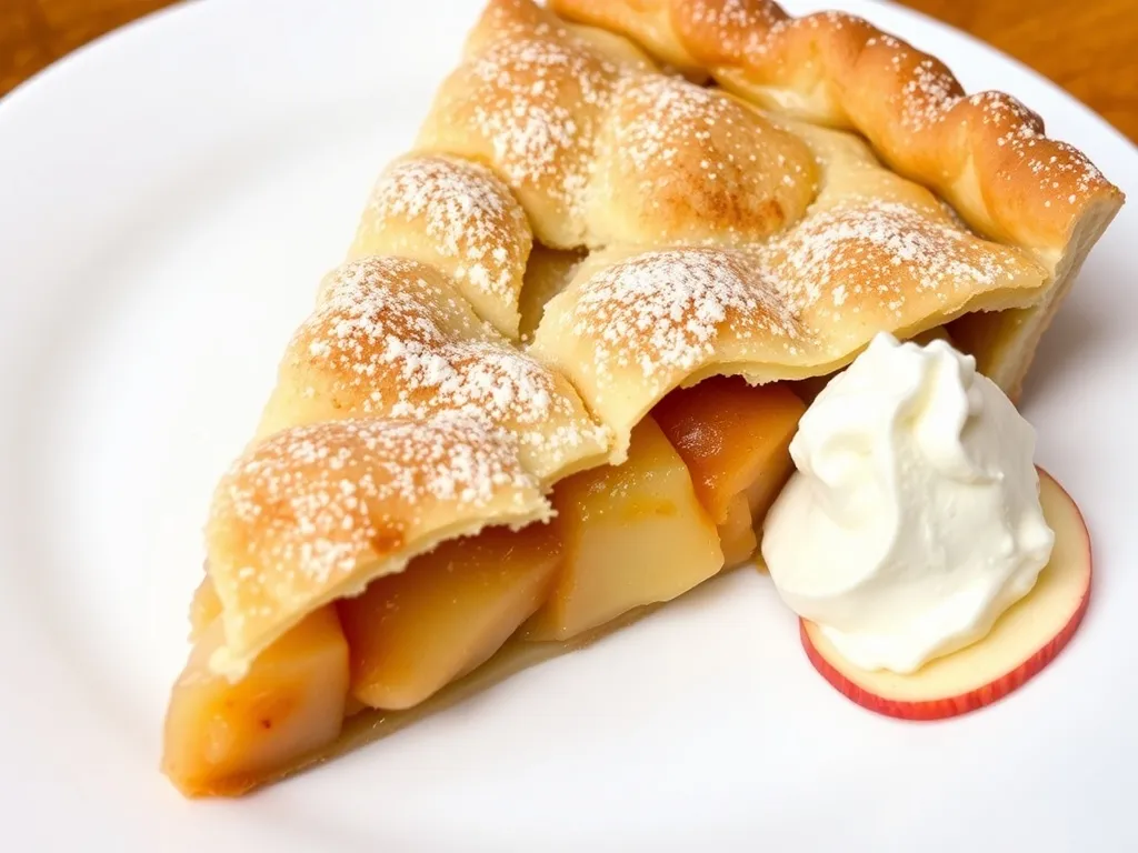 Kawałek szarlotki na dużą blachę z kruszonką i cynamonowymi jabłkami, podany z lodami waniliowymi na talerzu.