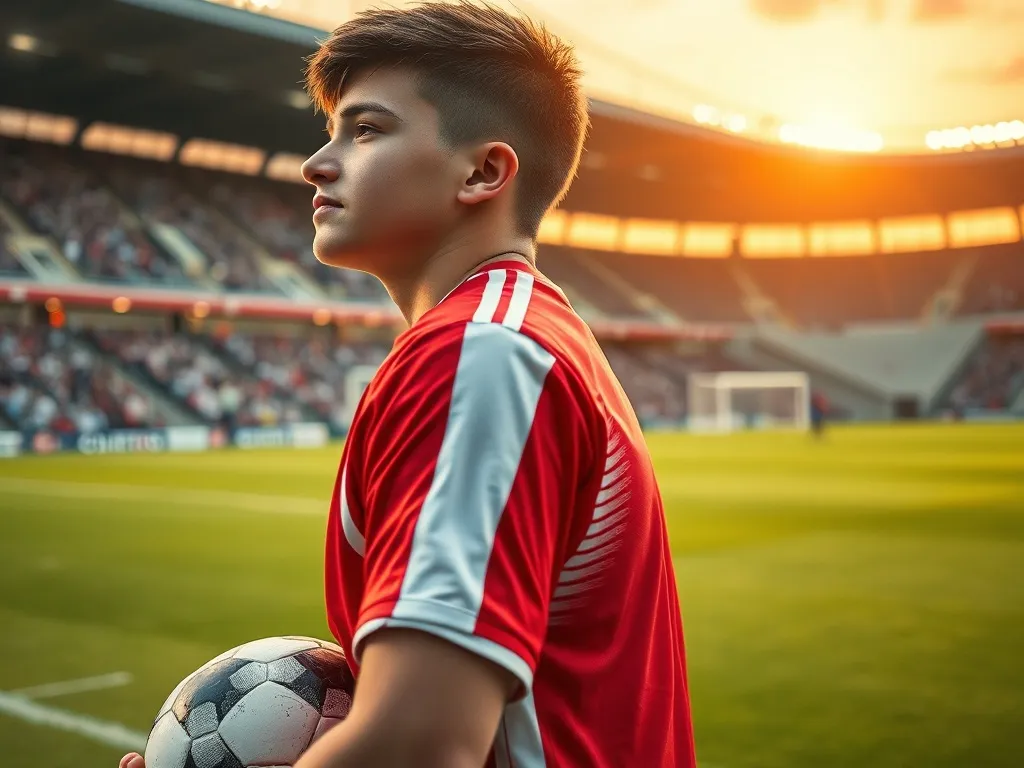 Młody piłkarz w czerwono-białej koszulce z piłką na murawie stadionu, nawiązanie do aktualnego klubu Maty.