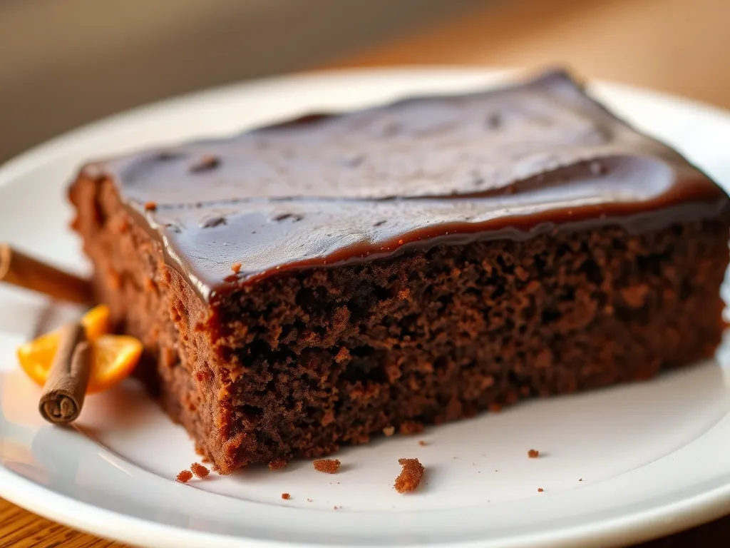 Kawałek wilgotnego piernika z polewą czekoladową na talerzu, udekorowany plasterkami pomarańczy i laską cynamonu