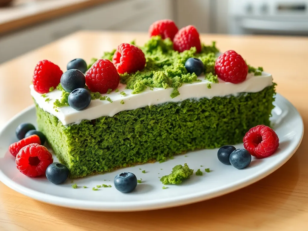 Kawałek ciasta leśny mech na dużą blachę z kremem i kruszonką ze szpinakowego biszkoptu, udekorowany malinami i jagodami