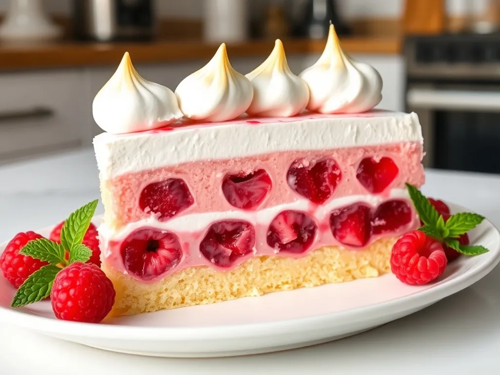 Kawałek malinowej chmurki na talerzu, wyraźne trzy warstwy ciasta, obok świeże maliny i listek mięty