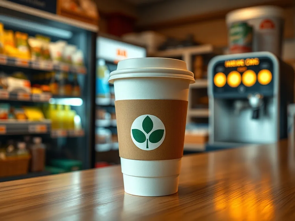 Kubek kawy na ladzie w sklepie convenience, w tle automat do kawy i półki z przekąskami w ciepłym oświetleniu.