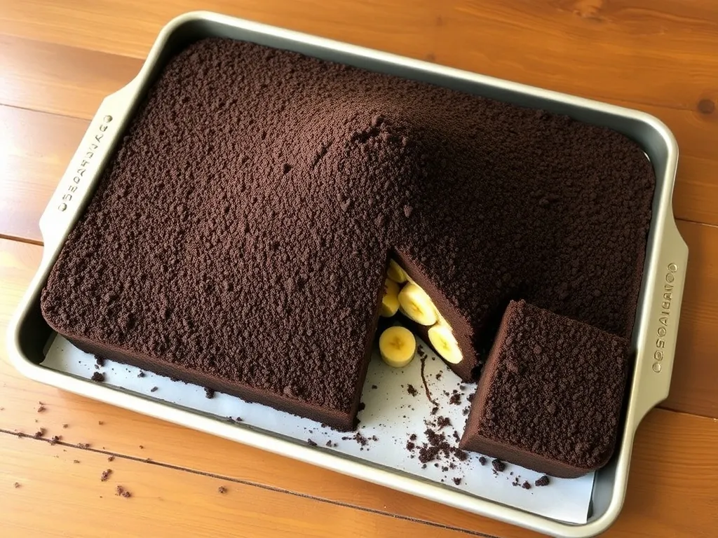 Duży kopiec kreta na prostokątnej blasze, przekrojony, ukazujący warstwę bananów i grubego, białego kremu.