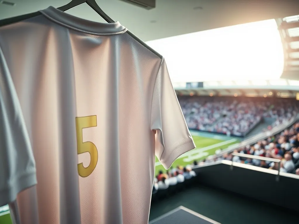 Koszulka piłkarska z numerem 5 w szatni, na tle nowoczesnego stadionu, nawiązanie do aktualnego klubu Bellinghama.