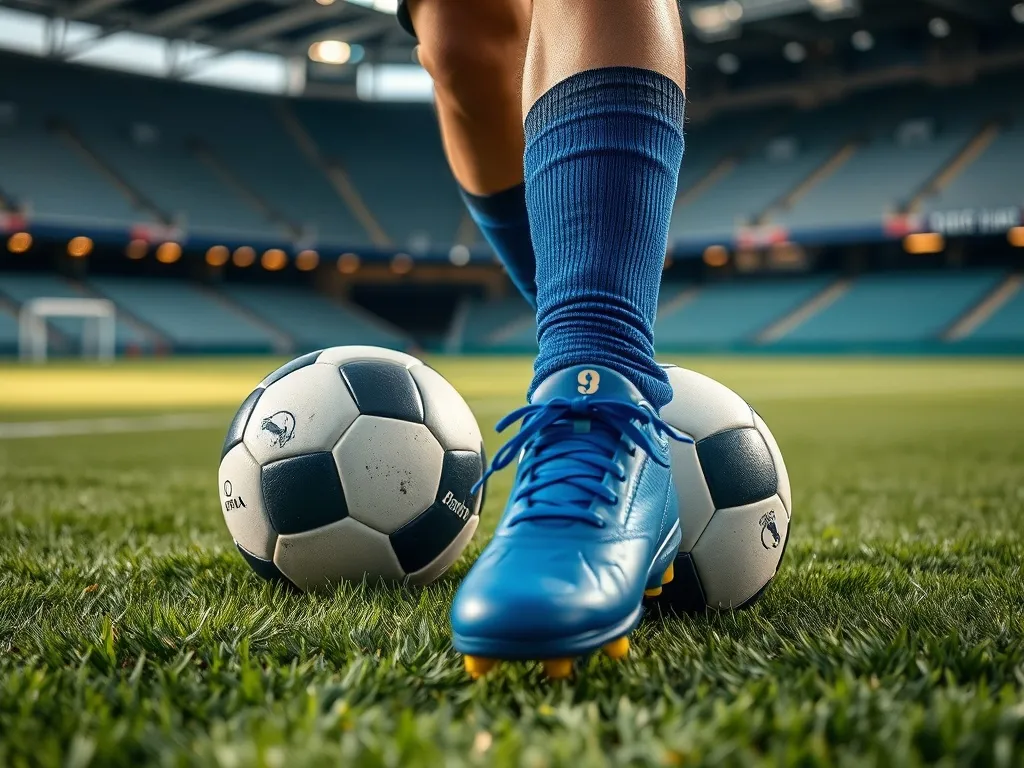 Piłkarz w niebieskich getrach opiera stopę na piłce na murawie stadionu, gotowy do gry Szymańskiego w nowym klubie.