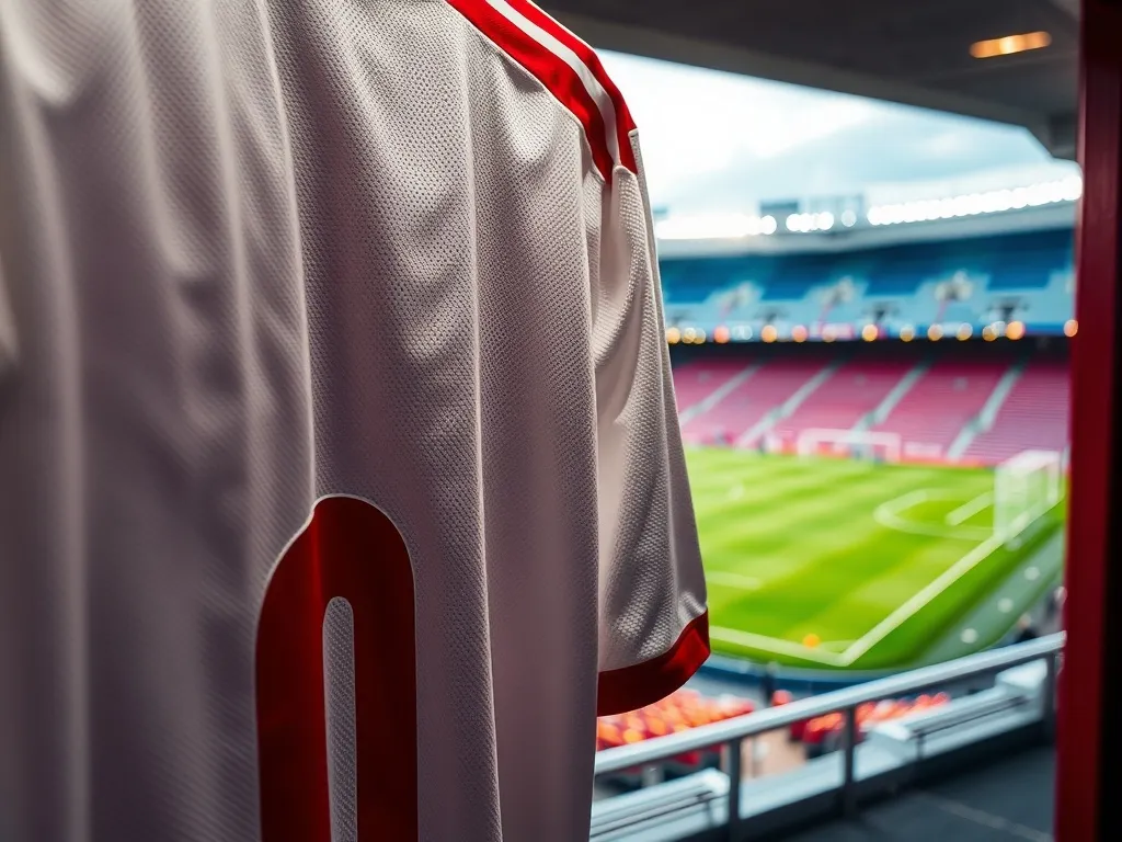 Koszulka piłkarska w barwach biało‑czerwonych w szatni, na tle nowoczesnego stadionu, nawiązanie do kariery Kamila Grosickiego.