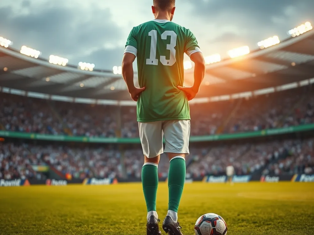 Piłkarz w zielono-białej koszulce z numerem na plecach szykuje się do zagrania piłki na murawie nowoczesnego stadionu.