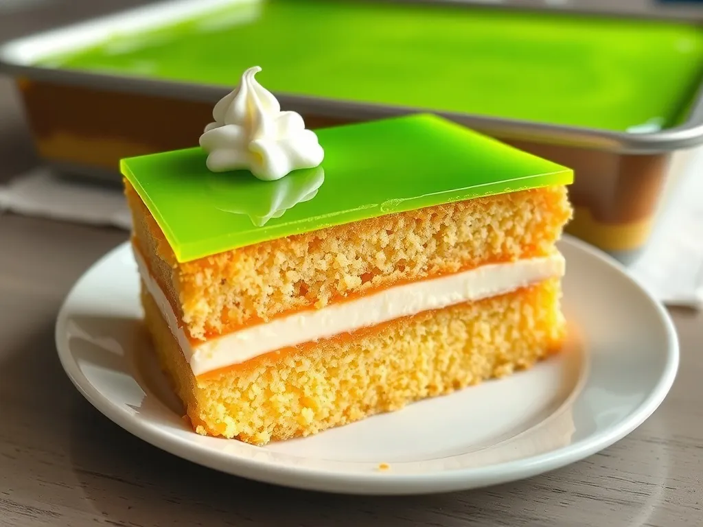 Kawałek ciasta Shrek z zieloną galaretką, budyniowym kremem i biszkoptem na talerzu, w tle blacha z resztą ciasta.
