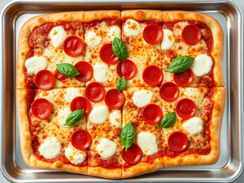 Duża prostokątna pizza na blasze, z pepperoni i mozzarellą, pokrojona na kwadraty, idealna jako domowa pizza z przepisu.