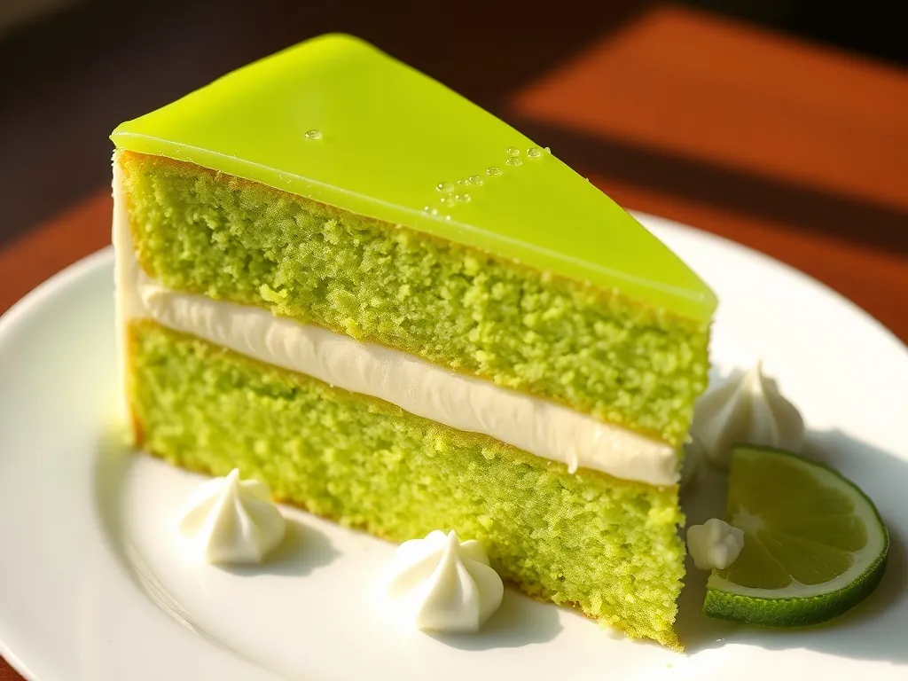 Kostka zielonego ciasta Shrek na talerzyku, z warstwą budyniową i galaretką, podana z bitą śmietaną i limonką.