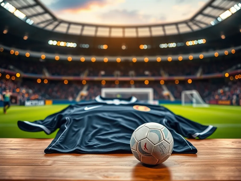 Koszulka piłkarska z butami i piłką na tle rozświetlonego stadionu, symbolizująca klubową karierę Jakuba Kiwiora.