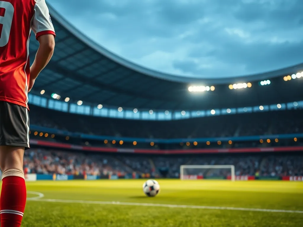 Piłkarz w czerwono-białej koszulce stoi na murawie stadionu, gotowy do strzału, ilustrując karierę Krzysztofa Piątka
