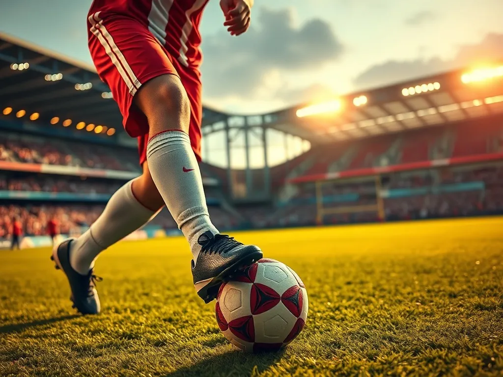Piłkarz w czerwono-białej koszulce dynamicznie prowadzi piłkę na murawie nowoczesnego stadionu podczas meczu