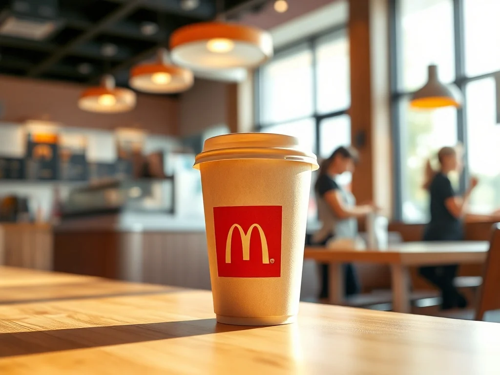 Kubek kawy na wynos w McDonald’s na drewnianym stoliku, w tle rozmyte wnętrze lokalu i menu nad ladą