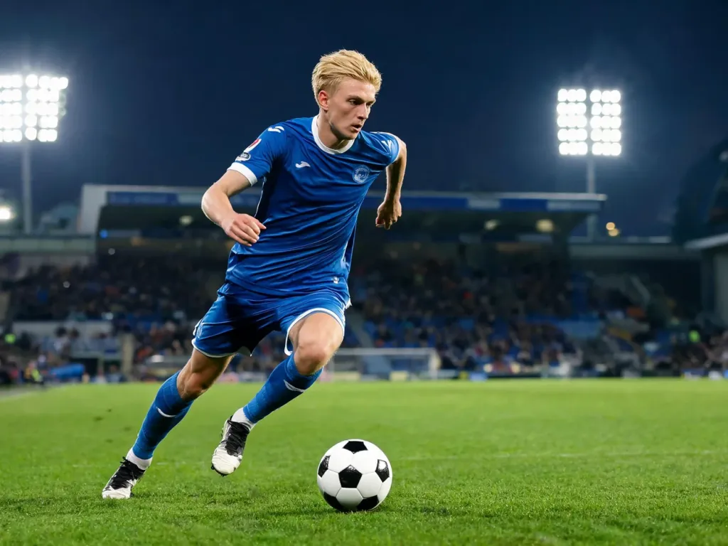 Kevin De Bruyne w niebieskim stroju biegnie z piłką po murawie stadionu podczas wieczornego meczu piłkarskiego.