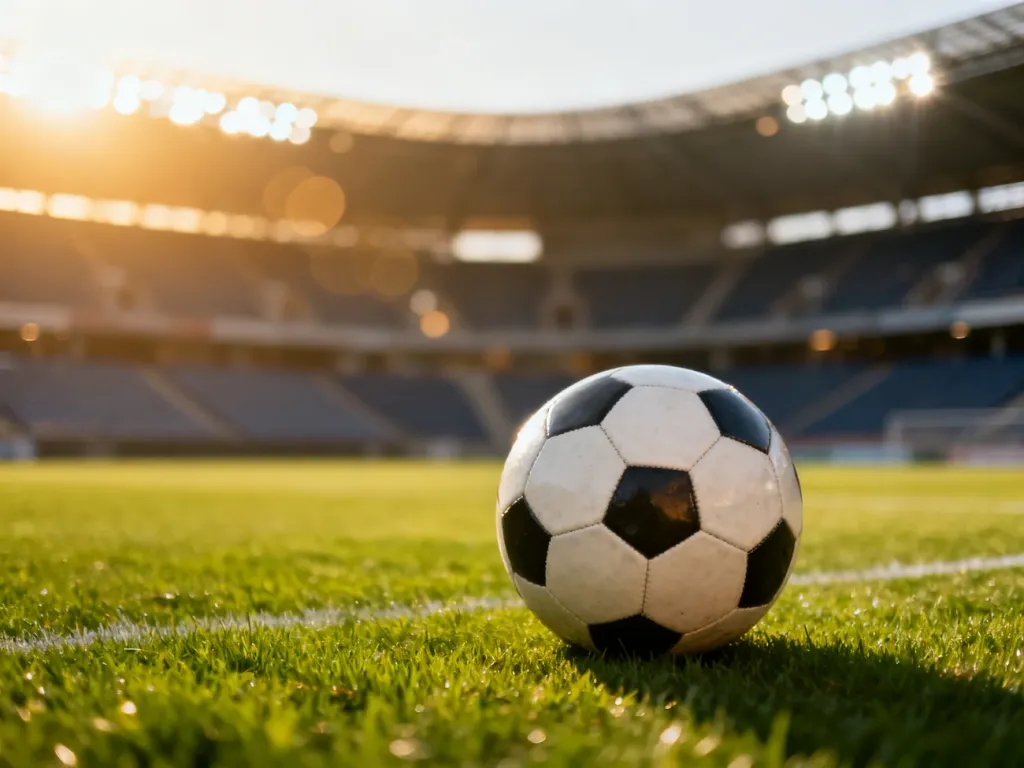 Profesjonalna piłka nożna leżąca na murawie stadionu w świetle zachodzącego słońca.