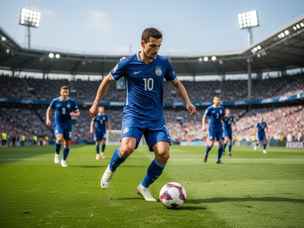 Piłkarz w niebieskiej koszulce jako pomocnik kontroluje piłkę na murawie stadionu podczas meczu ligowego.