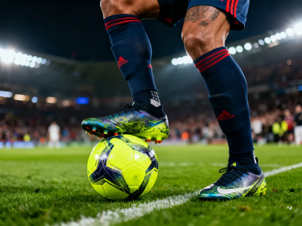 Depay kontroluje piłkę w meczu, nowoczesne korki na zielonej murawie, dynamiczne światła stadionu w tle