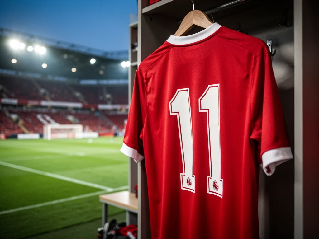 Czerwona koszulka piłkarska z numerem 11 w szatni, w tle rozświetlony stadion, nawiązanie do kariery i roli Salaha.