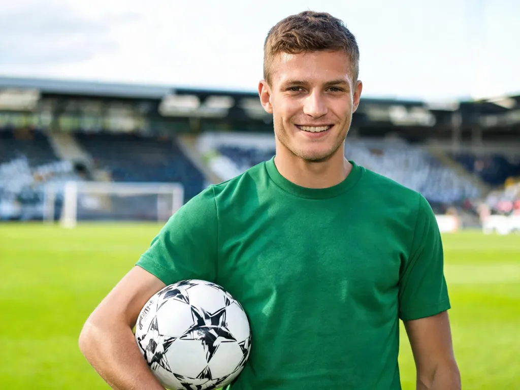 Kamiński w zielonej koszulce treningowej na murawie stadionu, z piłką pod pachą, gotowy do gry w nowym klubie