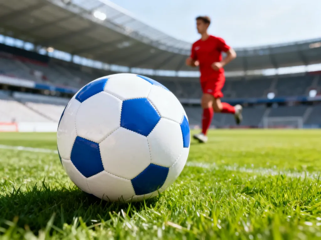 Piłkarz w czerwonym stroju trenuje na stadionie, piłka leży na trawie, atmosfera przygotowań do meczu Podolskiego