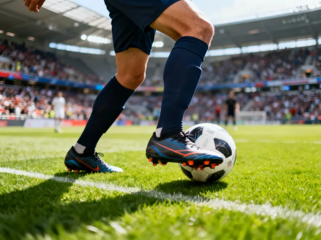 Piłkarz w ruchu kontroluje piłkę na murawie stadionu, dynamiczna akcja meczu w żywej, sportowej atmosferze.