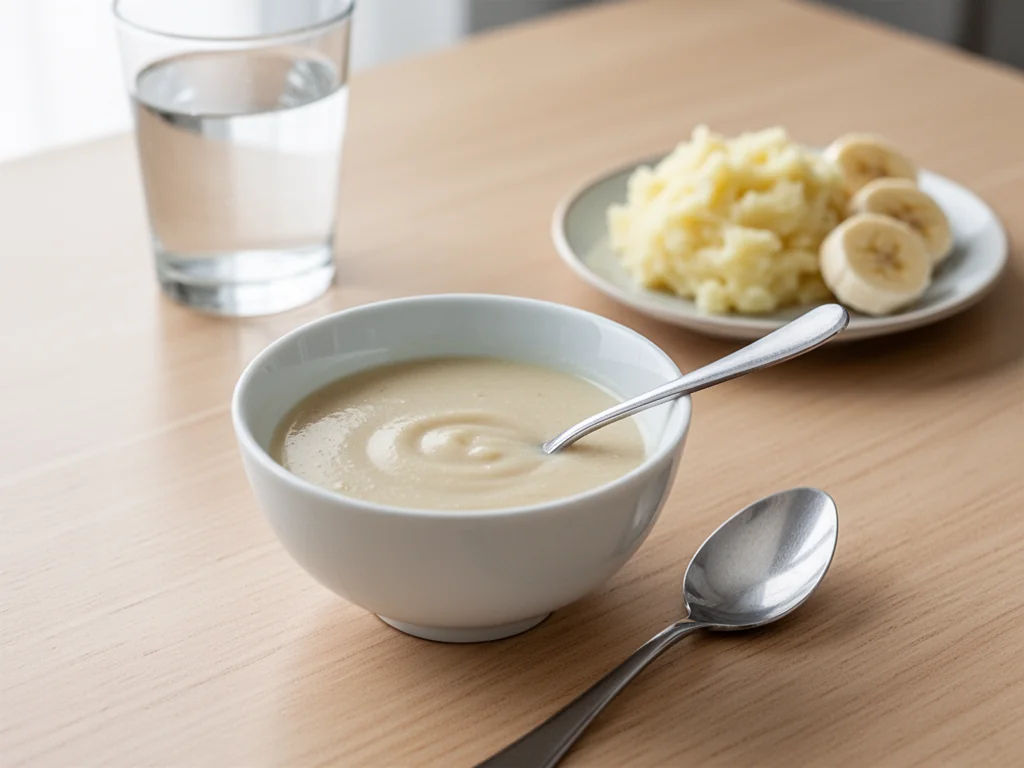 Miseczka kremowej zupy i talerzyk z puree oraz bananem, lekkostrawne dania odpowiednie po wyrwaniu zęba