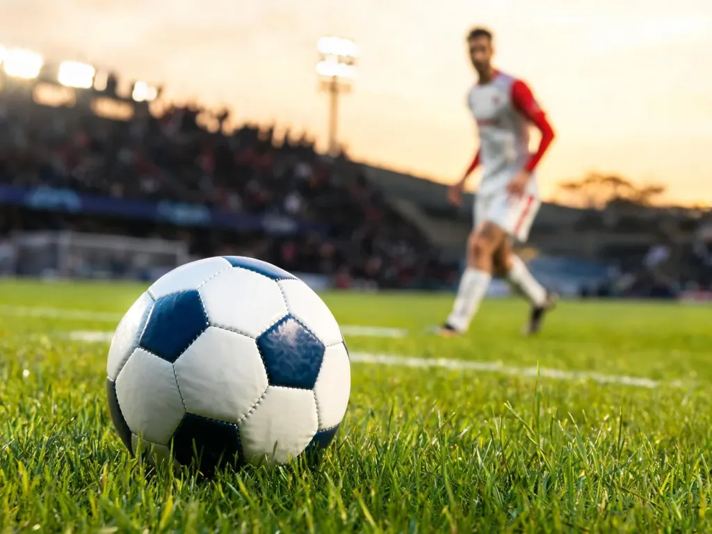 Piłka na murawie stadionu, w tle piłkarz w biało-czerwonym stroju gotowy do akcji, atmosfera profesjonalnego meczu.