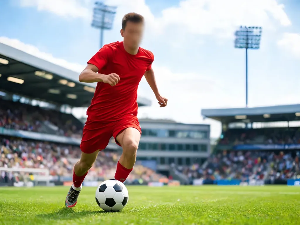 Piłkarz w czerwonej koszulce drybluje z piłką na zielonej murawie stadionu, dynamiczna akcja meczu w pełnym biegu