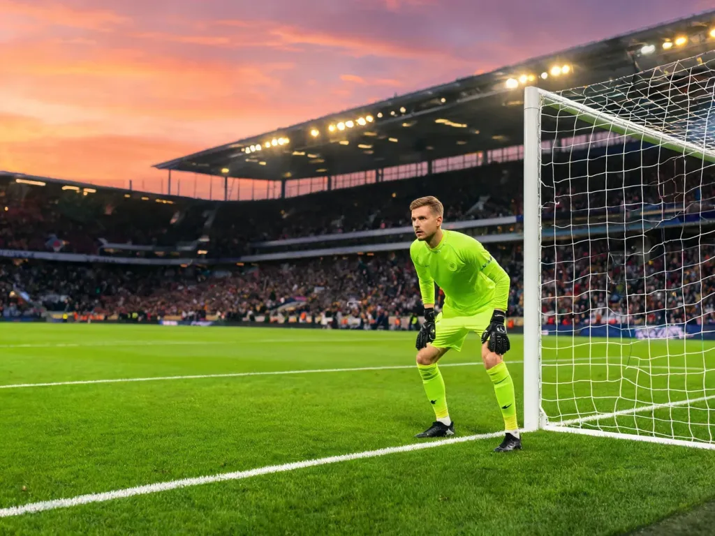 Bramkarz w jaskrawej koszulce stoi skoncentrowany na linii bramkowej nowoczesnego stadionu piłkarskiego o zmierzchu.
