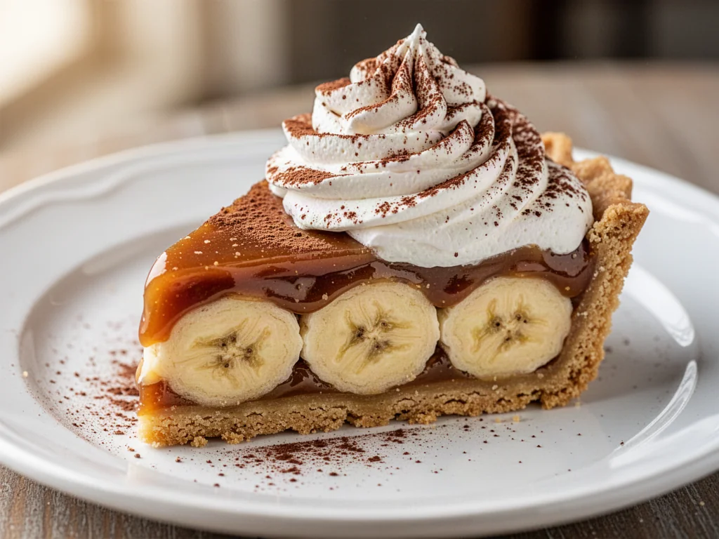 Kawałek ciasta Banoffee z warstwą karmelu, bananów i bitej śmietany na białym talerzu.
