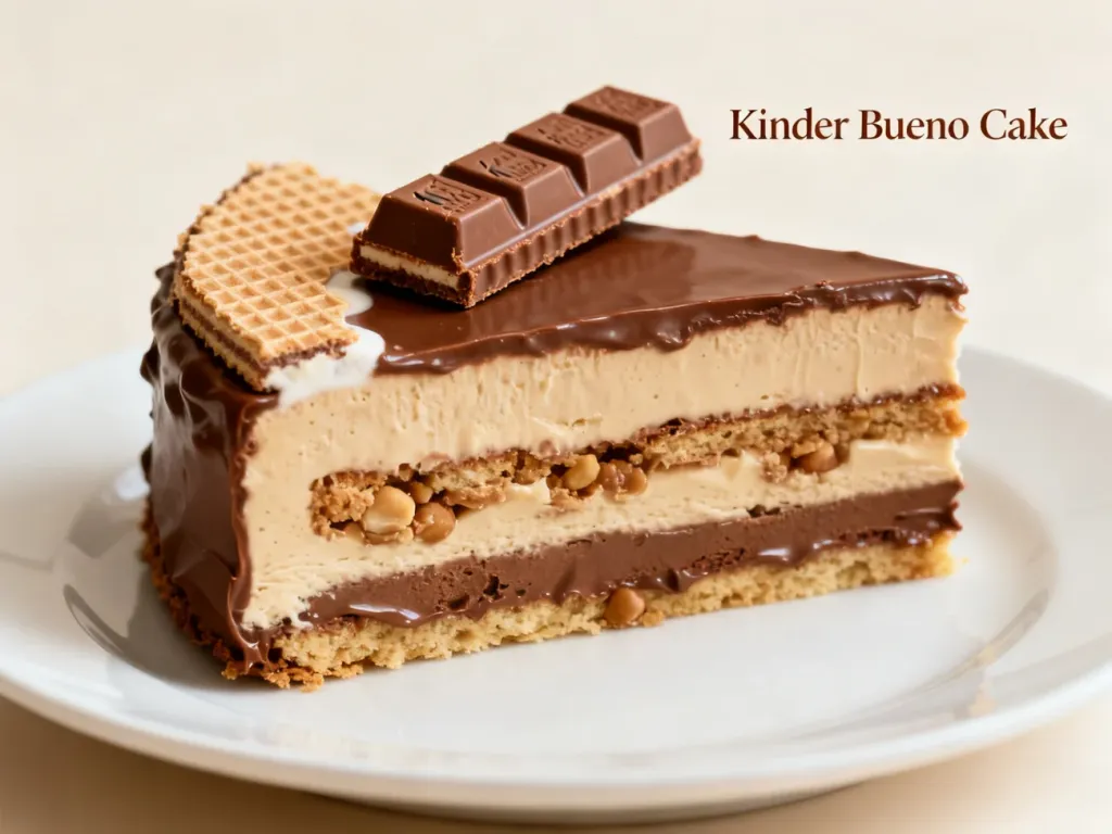Kawałek ciasta Kinder Bueno z kremem orzechowym, polewą czekoladową i chrupiącym wafelkiem na białym talerzu.