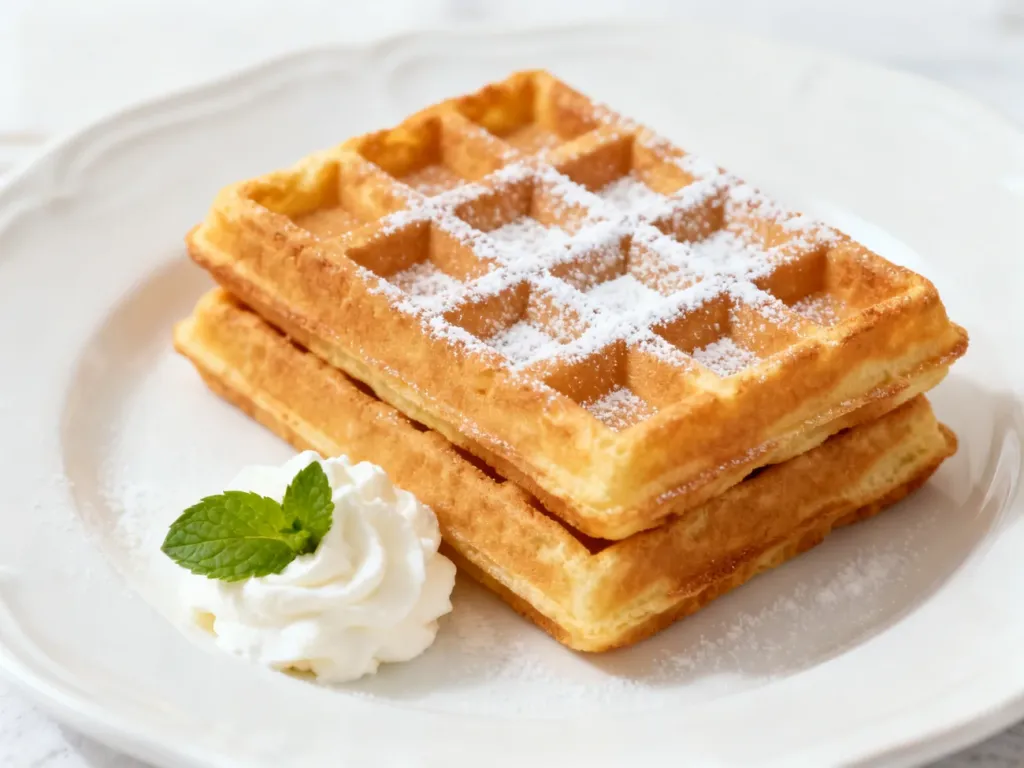 Dwa chrupiące wafle z mlekiem w proszku posypane cukrem pudrem, podane z bitą śmietaną i listkiem mięty na talerzu.