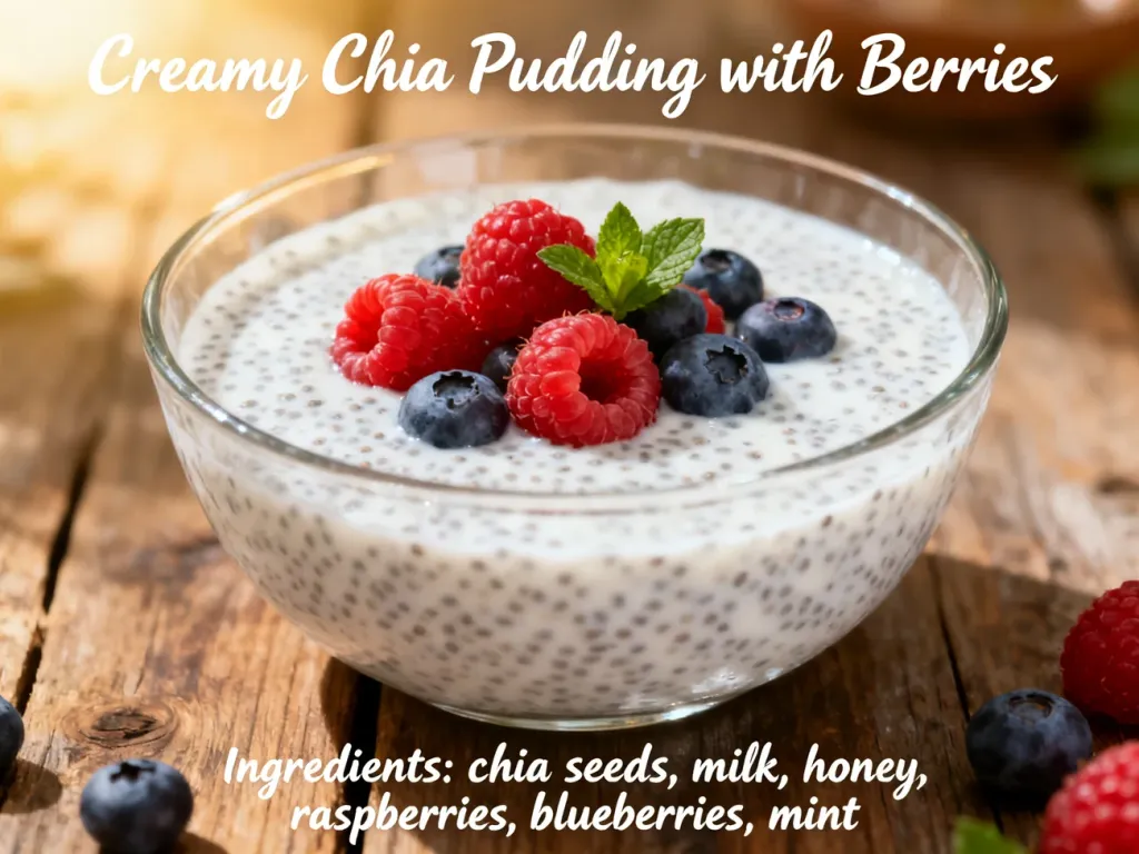 Kremowy pudding chia w szklanej miseczce, udekorowany świeżymi malinami, borówkami i listkiem mięty na drewnianym stole.