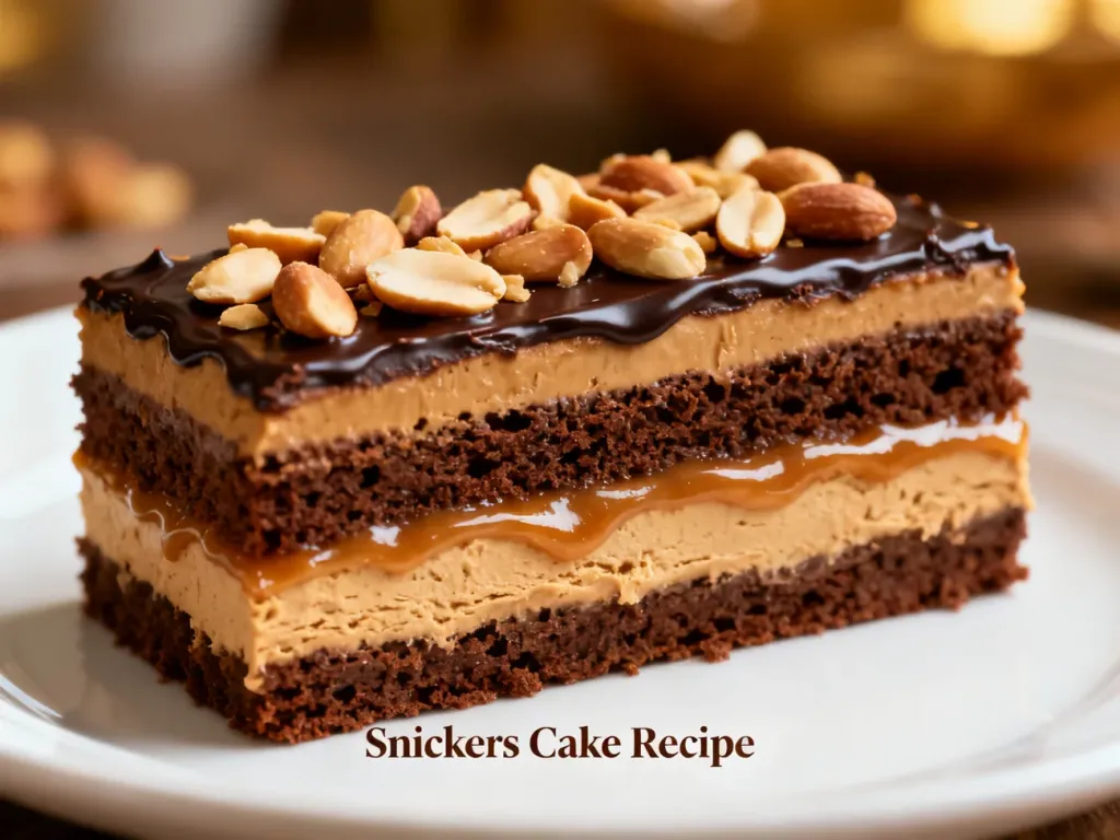 Kawałek domowego ciasta Snickers z warstwami czekolady, masła orzechowego i karmelu na białym talerzu.