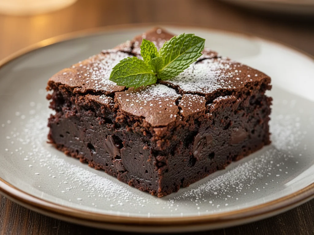 Kwadratowy kawałek wilgotnego brownie z czekoladową polewą, posypany cukrem pudrem i udekorowany listkiem mięty.