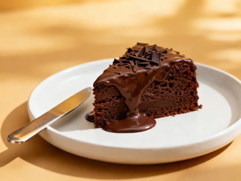 Kawałek wilgotnego tortu czekoladowego z gładką polewą ganache na białym talerzu, udekorowany wiórkami czekolady.