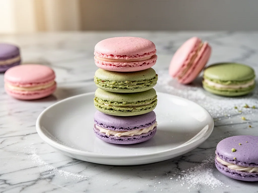 Stos pastelowych makaroników na talerzu, posypanych cukrem pudrem, prezentujący efekt końcowy domowego wypieku.