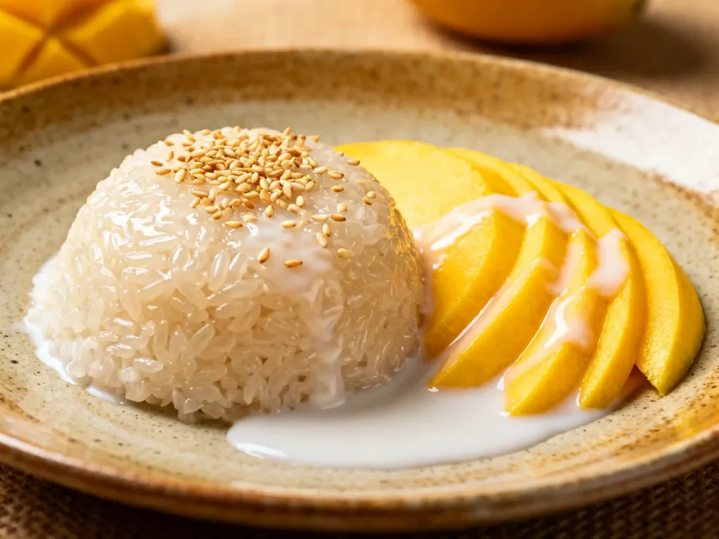Porcja tajskiego deseru mango sticky rice z kleistym ryżem, świeżym mango i sosem kokosowym na ceramicznym talerzu.
