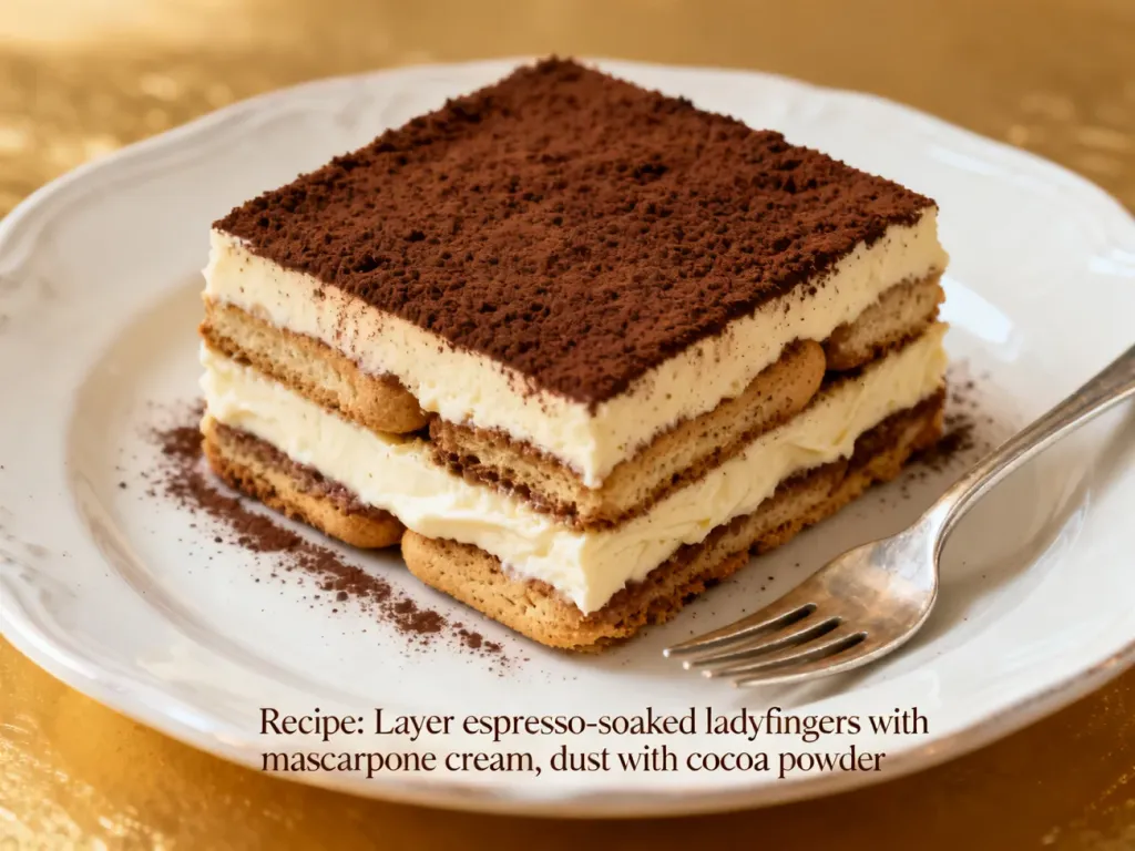 Kawałek tiramisu bez jajek z wyraźnymi warstwami biszkoptów nasączonych kawą i kremem mascarpone, posypany kakao.