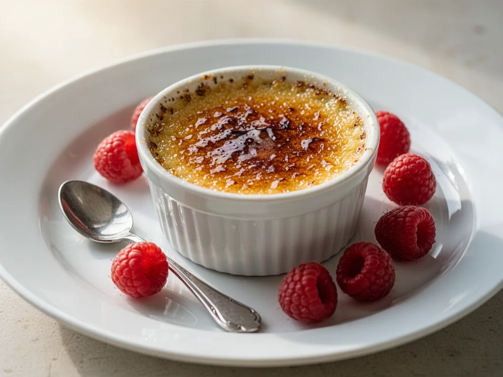 Ramekin z crème brûlée o idealnie skarmelizowanej skorupce, podany z malinami i srebrną łyżeczką na białym talerzu.