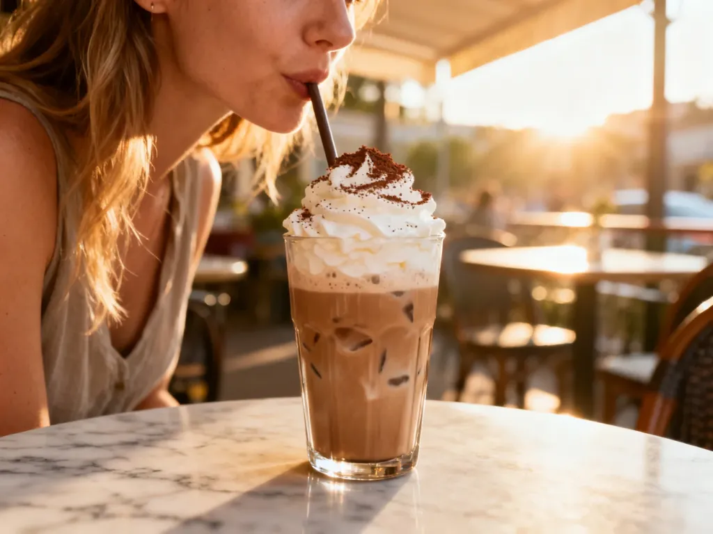 Szklanka mrożonej kawy frappe z gęstą pianką i posypką z kakao na marmurowym stoliku w letniej kawiarni.