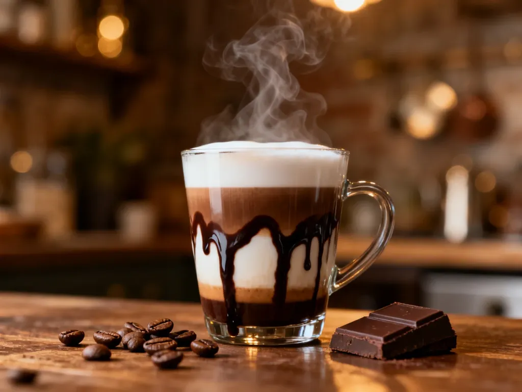Parująca szklanka kawy mokka z warstwami espresso, mleka i czekolady, obok której leżą ziarna kawy oraz kawałek czekolady.