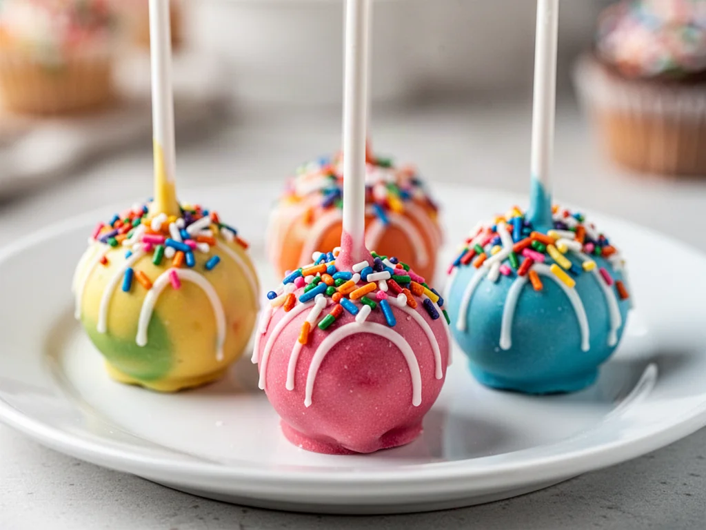 Trzy kolorowe cake popsy na białym talerzu, ozdobione tęczową posypką i białą czekoladą.