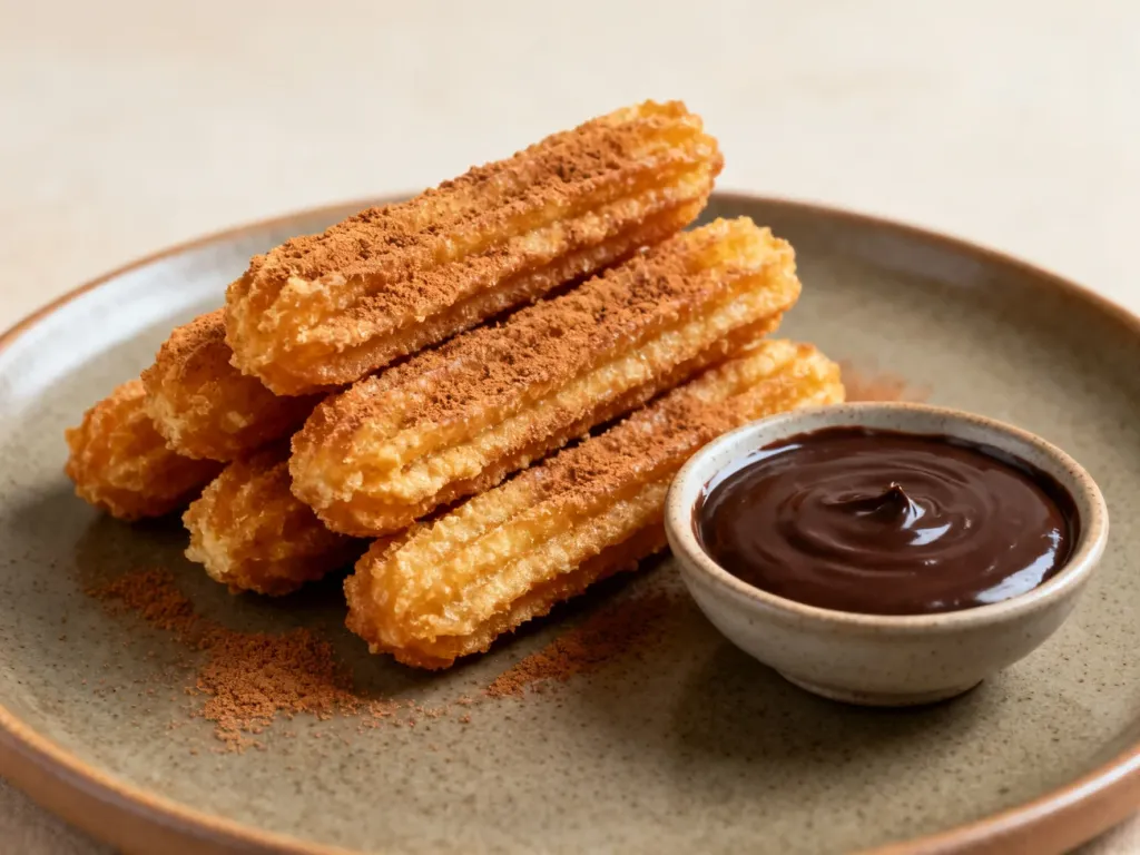Złociste churros posypane cukrem cynamonowym obok miseczki z gęstym sosem czekoladowym na ceramicznym talerzu.