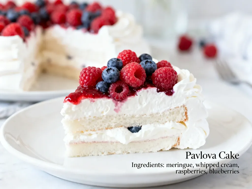 Kawałek tortu bezowego z bitą śmietaną oraz świeżymi malinami i borówkami na białym talerzu.