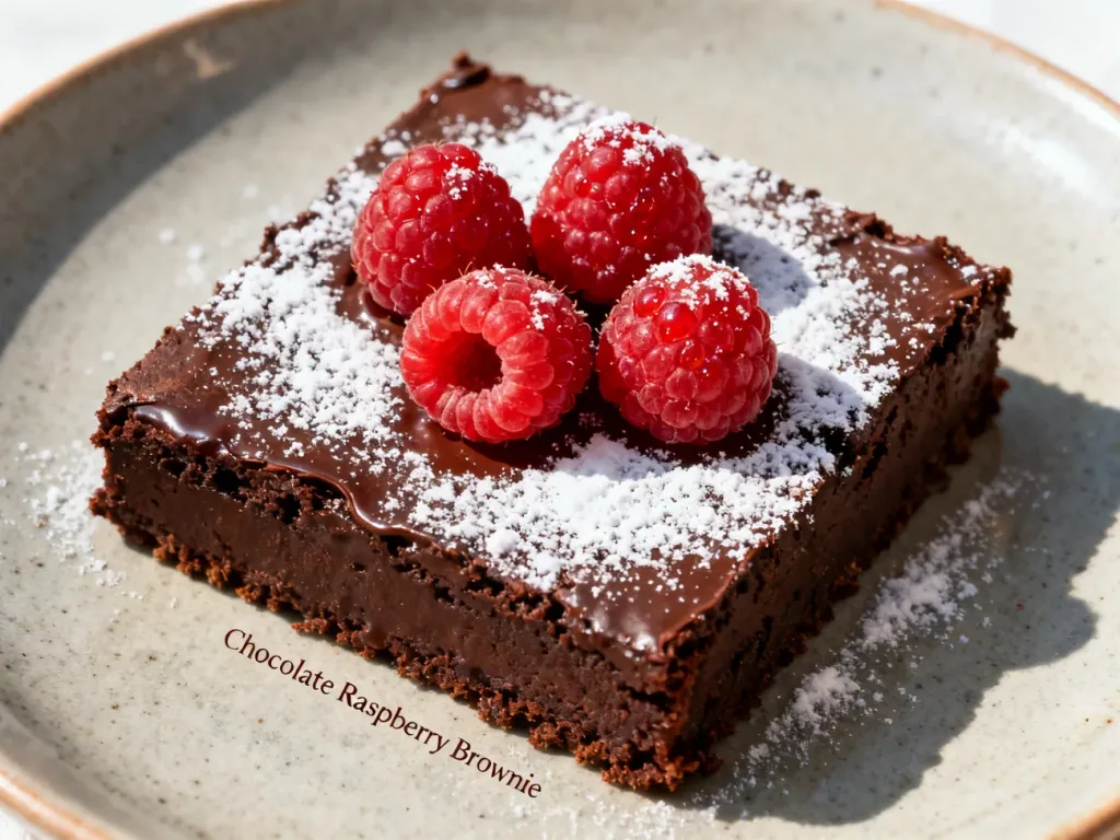 Kwadratowy kawałek brownie z malinami i cukrem pudrem na minimalistycznym talerzu.
