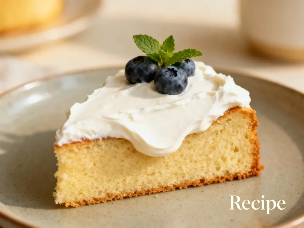 Kawałek biszkoptu z grubą warstwą kremu mascarpone, udekorowany świeżymi borówkami i listkiem mięty na ceramicznym talerzu.