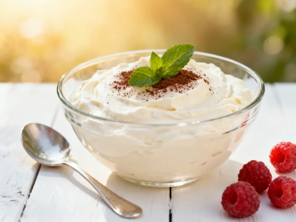 Aksamitny krem z mascarpone w szklanej miseczce, udekorowany kakao, listkiem mięty i świeżymi malinami.